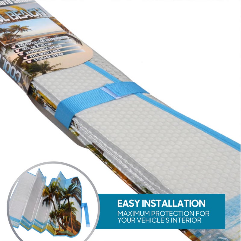 BDK ظل شمس أمامي على شكل شجرة نخيل جزيرة استوائية قابل للطي - ستائر نوافذ سيارات لطيفة لحماية السيارة والشاحنة من أشعة الشمس - واقي من الأشعة فوق البنفسجية - يحافظ على برودة المركبة - 58 × 27 بوصة - Image 5